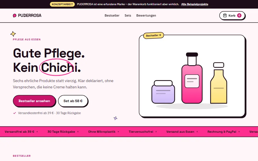 Demo-Onlineshop PUDERROSA für Pflegeprodukte mit funktionierendem Warenkorb